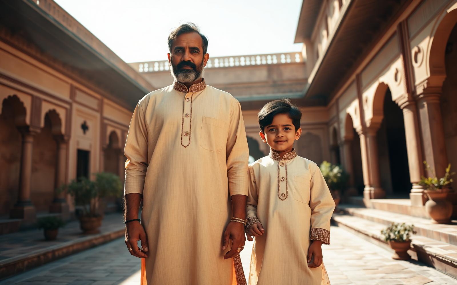 A father and son in matching ivory kurtas